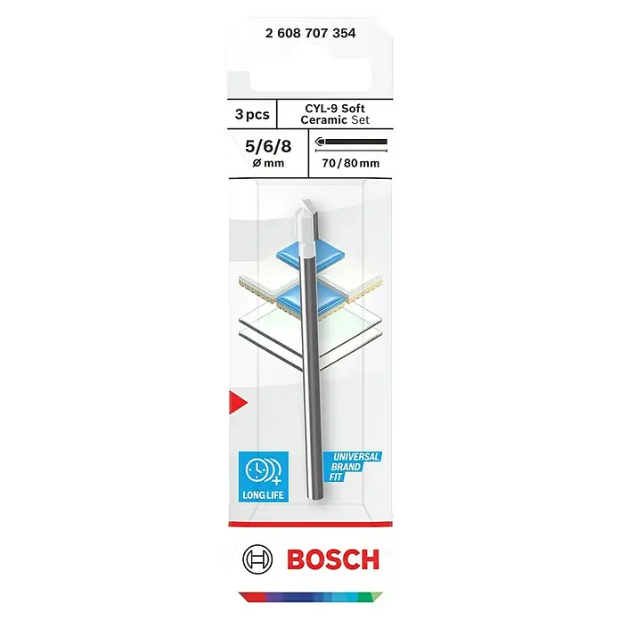 Bosch Fliesenbohrer-Set CYL-9 SoftCeramic - 3 -tlg. - Bosch CYL-9 Soft Ceramic Set, 3-teilig. Geeignet zum Bohren in weichen Keramikfliesen mit Durchmessern 5/6/8 mm und Längen 70/80 mm.