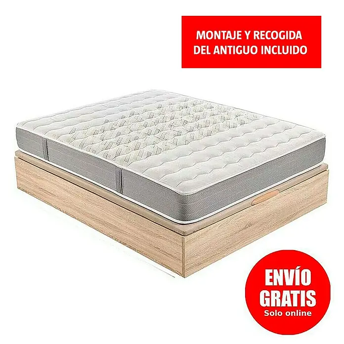 Espacio Descanso Canapé y colchón - L x An x Al: 190 x 90 x 56 cm, Natural, Abatible, Espuma HR y Viscoelástica - Colchón sobre una base de madera clara, con una pancarta roja "Montaje y Recogida del Antiguo Incluido" y "Envío Gratis".