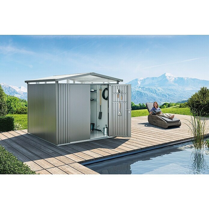 Biohort Gerätehaus Panorama (Quarzgrau Metallic, 2,78 x 2,73 m, Doppeltür)