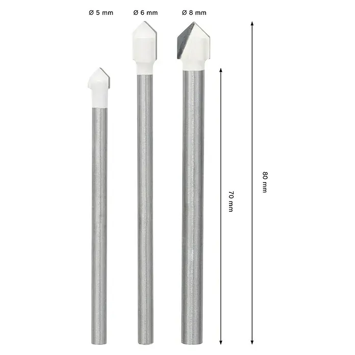 Bosch Fliesenbohrer-Set CYL-9 SoftCeramic - 3 -tlg. - Drei Glasbohrer in verschiedenen Größen (5 mm, 6 mm, 8 mm) und Längen (70 mm, 80 mm) dargestellt.