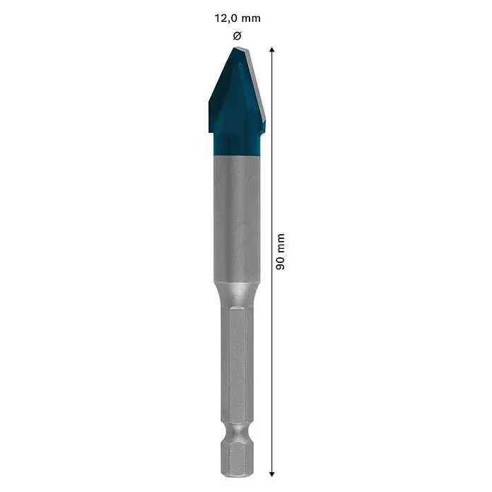 Bosch Professional Fliesenbohrer HEX-9 Hard Ceramic - Durchmesser Bohrer: 12 mm, Länge: 90 mm - Produktbild eines BOSCH Fliesenbohrers mit blauer Spitze. Ideal zum Bohren von Fliesen mit seinem Durchmesser von 12 mm und einer Länge von 90 mm.