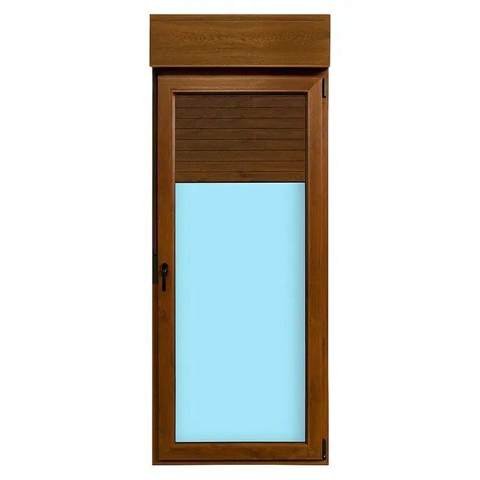 Balconera de PVC practicable-oscilobatiente - 90 x 218 cm, Derecha, Marrón, Con persiana de PVC - Primer plano de una ventana de madera marrón con persianas enrollables. La ventana está cerrada y la persiana está bajada hasta la mitad.