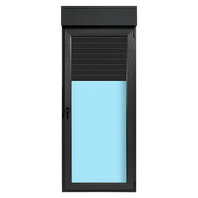 Balconera de PVC practicable-oscilobatiente - 90 x 218 cm, Derecha, Gris grafito, Sin mosquitera - Ventana gris oscuro con persiana enrollable parcialmente bajada, área de ventana azul claro que ofrece vistas al exterior. Diseño elegante para la vida moderna.