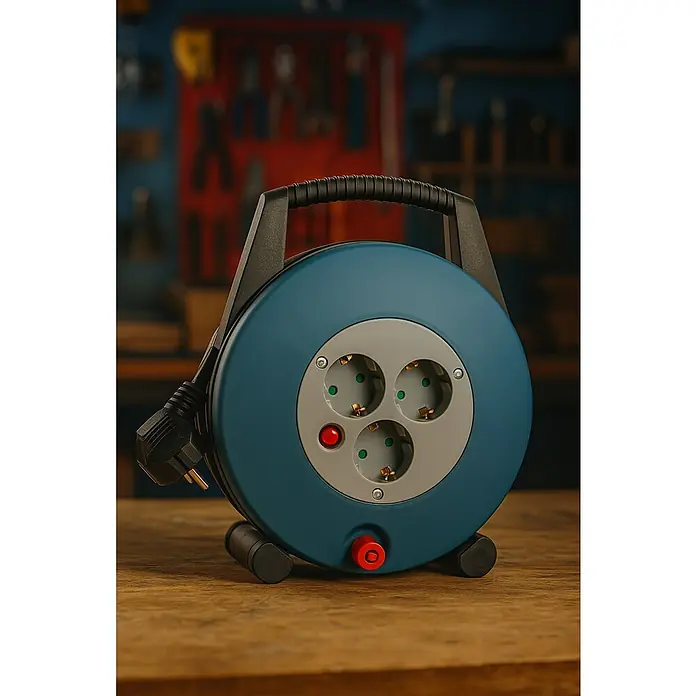 REV Kabeltrommel 3-fach - Kunststoff, 10 m, H05VV-F, IP20 - Stromkabelaufroller mit drei Steckdosen und Tragegriff, ideal für Werkstätten und Baustellen.