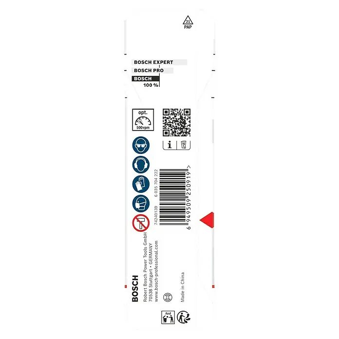 Bosch Fliesenbohrer-Set CYL-9 SoftCeramic - 3 -tlg. - Bild des Etiketts einer Bosch-Produktverpackung mit Sicherheitsinformationen, Barcode und Herstellerdetails.