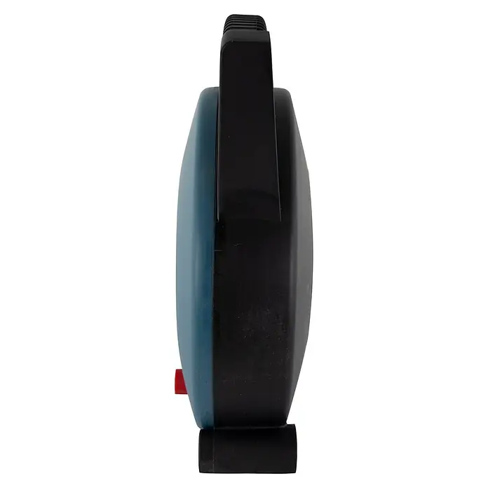 REV Kabeltrommel 3-fach - Kunststoff, 10 m, H05VV-F, IP20 - Nahaufnahme einer blauen und schwarzen Kabeltrommel mit einem Griff, der sich zur Aufbewahrung und zum einfachen Tragen eignet.