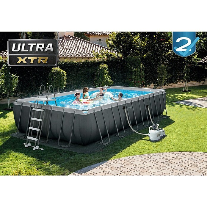 Intex Frame-Pool Ultra Quadra XTR (L x B x H: 732 x 366 x 132 cm, Dunkelgrau, 31 800 l, Krystal Clear Sandfilteranlage & Salzwassersystem QX2100) | BAUHAUS
