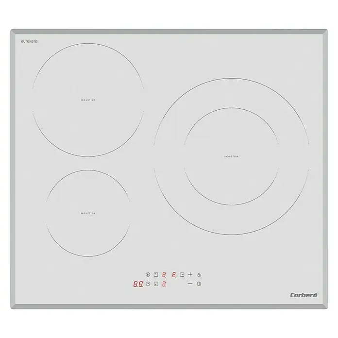 Corberó Placa de cocción CCIM3720W - Número de fogones de inducción: 3 ud., Vidrio, Blanco - Una placa de inducción blanca con cuatro zonas de cocción de diferentes tamaños y un panel de control digital.