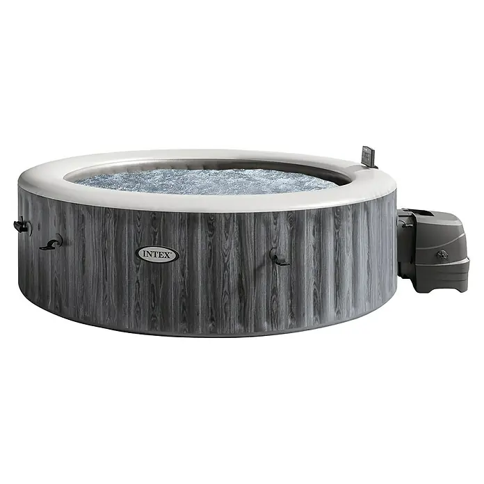 Intex Mobil-Whirlpool Greywood Deluxe Bubble - Ø x H: 216 x 71 cm, Grau, 1.098 l - Nahaufnahme eines Intex Whirlpools mit Holzoptik, der Entspannung und Komfort für Zuhause bietet.