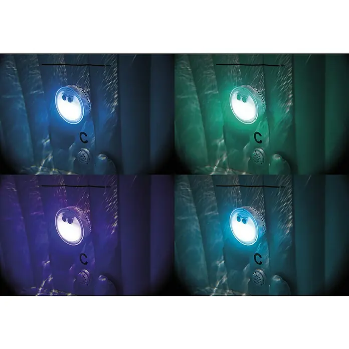 Intex Mobil-Whirlpool Greywood Deluxe Bubble - Ø x H: 216 x 71 cm, Grau, 1.098 l - Das Bild zeigt die LED-Poolleuchte mit verschiedenen Farben, die für eine stimmungsvolle Beleuchtung im Pool sorgt. Perfekt für entspannte Abende.