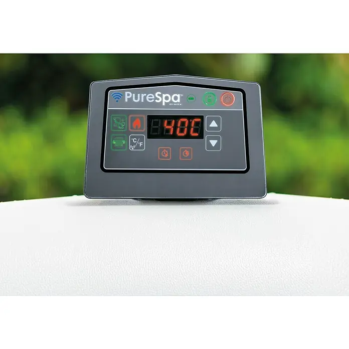 Intex Pure Spa Hidromasaje móvil Greenwood - Ø x Al: 216 x 71 cm, Gris/Blanco, 1.098 l - Primer plano del panel de control digital de un jacuzzi PureSpa que muestra una temperatura de 40°C y varios botones de función.