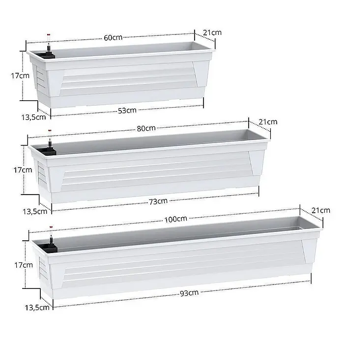 Plastard Pflanzkasten Milano 3er Set mit Hydroeinsatz & Wasserstandsanzeiger Weiß - Außenmaß (L x B x H): 80 x 21 x 17 cm, Kunststoff, Weiß