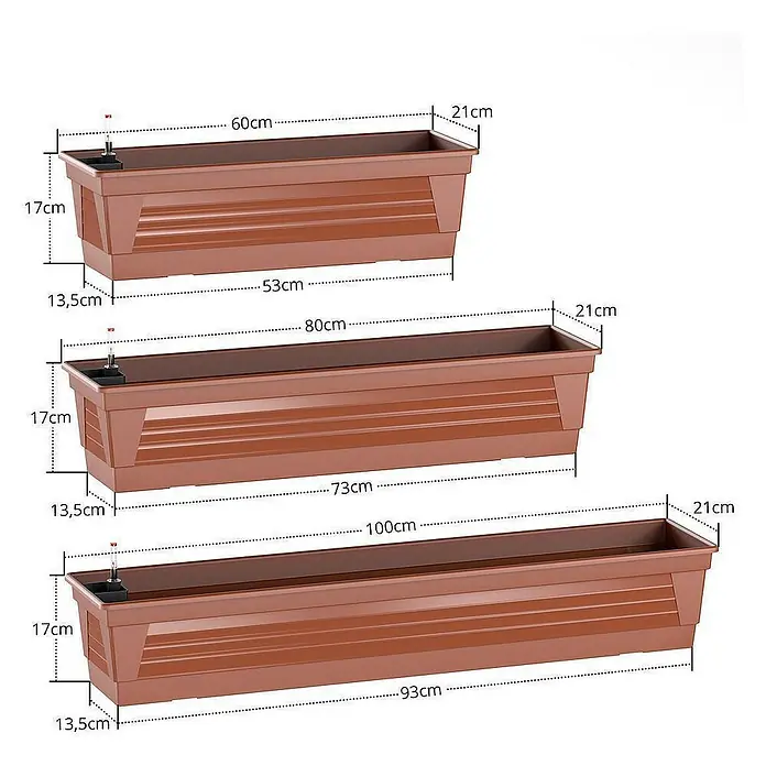 Plastard Pflanzkasten Milano 3er Set mit Hydroeinsatz & Wasserstandsanzeiger Terrakotta - Außenmaß (L x B x H): 100 x 21 x 17 cm, Kunststoff, Terrakotta