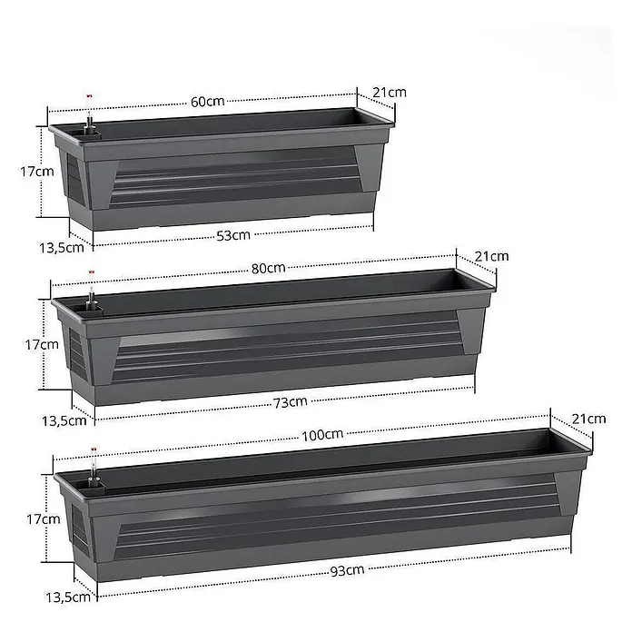 Plastard Pflanzkasten Milano 3er Set mit Hydroeinsatz & Wasserstandsanzeiger Anthrazit - Außenmaß (L x B x H): 100 x 21 x 17 cm, Kunststoff, Anthrazit