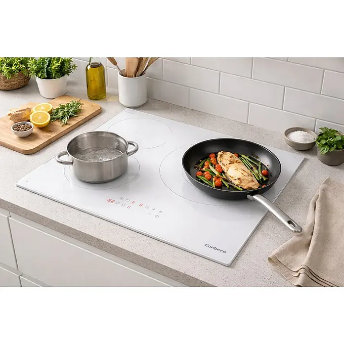 Corberó Placa de cocción CCIM3720W - Número de fogones de inducción: 3 ud., Vidrio, Blanco - Placa de inducción Corberó en una cocina moderna con una olla y sartén, lista para cocinar, mostrando una experiencia culinaria.