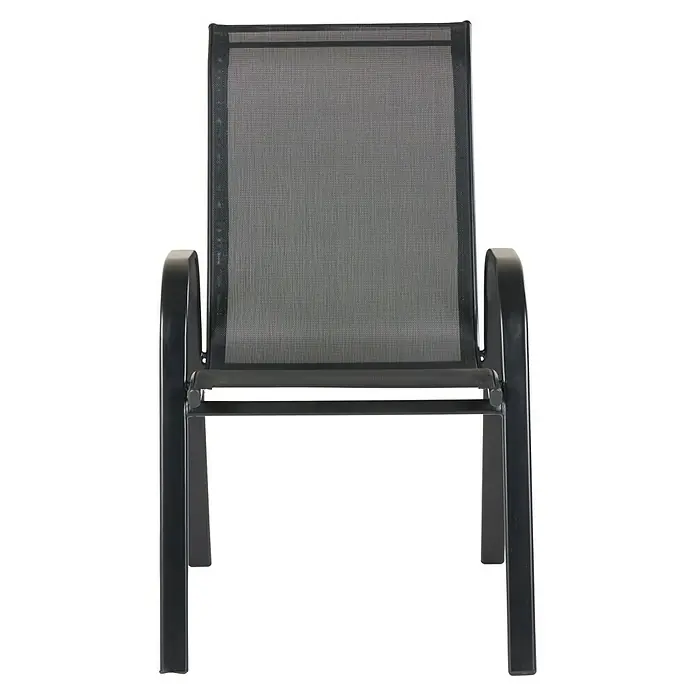 Silla de jardín Moliné - 76,5 x 53 x 93 cm, Antracita, Acero/Textiline, Apilable - Toma de una silla de jardín con un tejido de malla gris. La silla tiene un marco robusto y está diseñada para uso en exteriores.