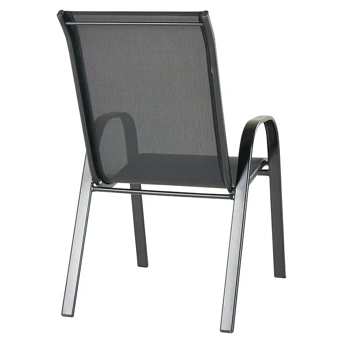 Silla de jardín Moliné - 76,5 x 53 x 93 cm, Antracita, Acero/Textiline, Apilable - Primer plano de una silla moderna con tejido de malla negro y estructura metálica plateada.