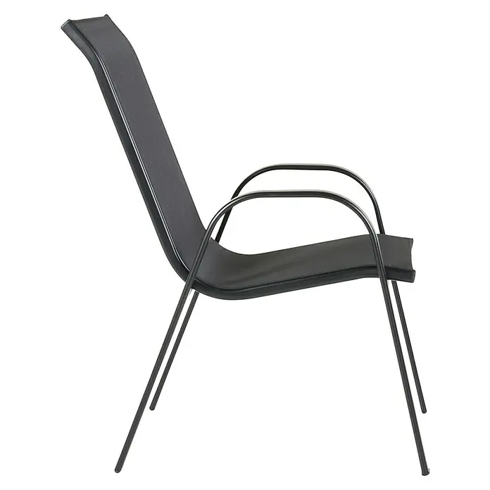 Silla de jardín Moliné - 76,5 x 53 x 93 cm, Antracita, Acero/Textiline, Apilable - Un sillón negro moderno con reposabrazos. La silla tiene un diseño minimalista y es ideal para uso interior y exterior.