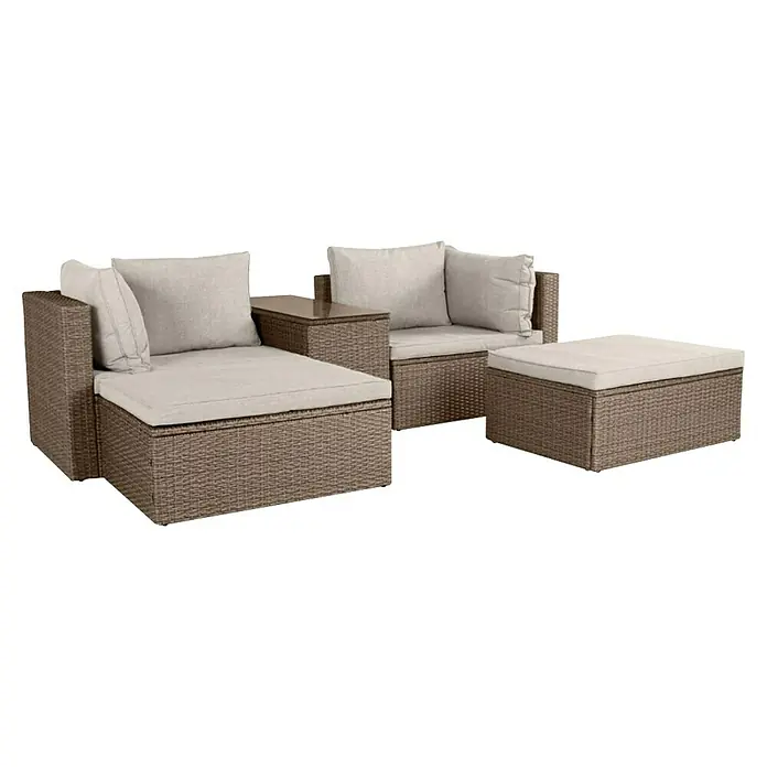 Conjunto de muebles Serena - 5 pzs., Ratán sintético/Aluminio, Marrón/Beige - Conjunto de sofá de ratán marrón con cojines beige y mesa con tapa de vidrio, ideal para exteriores. Mobiliario de exterior elegante.