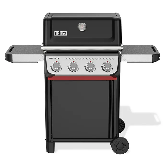 Weber Barbacoa de gas Spirit E-415 - Superficie de la parrilla (An x Pr): 61 x 45 cm, 8,2 kW, Número de quemadores: 4 - Imagen de una barbacoa de gas Weber Spirit. La barbacoa es negra con detalles plateados. Cuenta con una tapa con termómetro y mesas auxiliares.