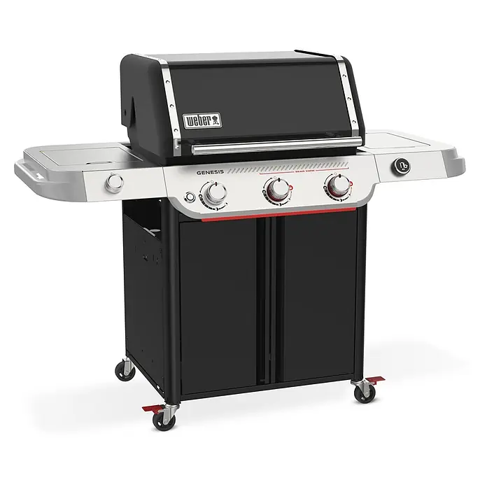 Weber Barbacoa de gas Genesis E-335 Works - Superficie de la parrilla (An x Pr): 68 x 48 cm, 15,1 kW, Número de quemadores: 3 - Una barbacoa de gas Weber Genesis con tres quemadores y un armario con puertas, ideal para asados al aire libre.