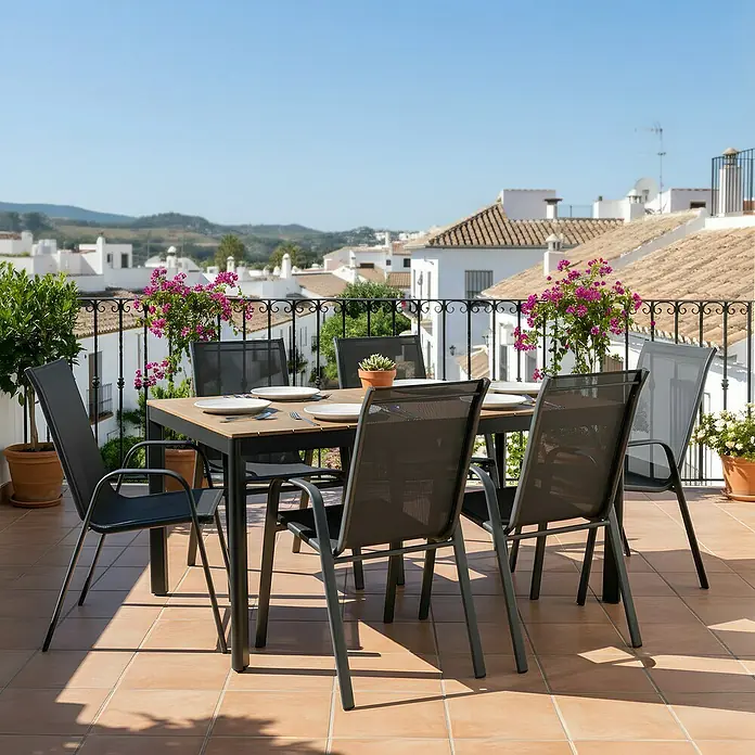 Silla de jardín Moliné - 76,5 x 53 x 93 cm, Antracita, Acero/Textiline, Apilable - Un juego de mesa de jardín con seis sillas en una terraza soleada con vistas. Perfecto para comer al aire libre y relajarse en verano.
