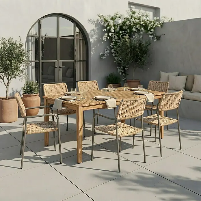 Silla de jardín Spire - 58 x 52 x 84 cm, Marrón, Ratán sintético/Acero - Elegante conjunto de comedor para exterior con mesa de madera y seis sillas estilo ratán, perfecto para comidas al aire libre.