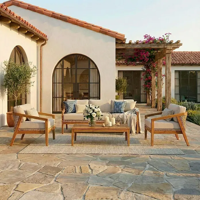 Sunfun Conjunto de muebles Anita - 4 pzs., Madera de acacia, Marrón/Antracita - Relajante espacio al aire libre con muebles de madera que incluyen un sofá, sillones y mesa de centro en un patio de piedra frente a una casa de estilo mediterráneo.