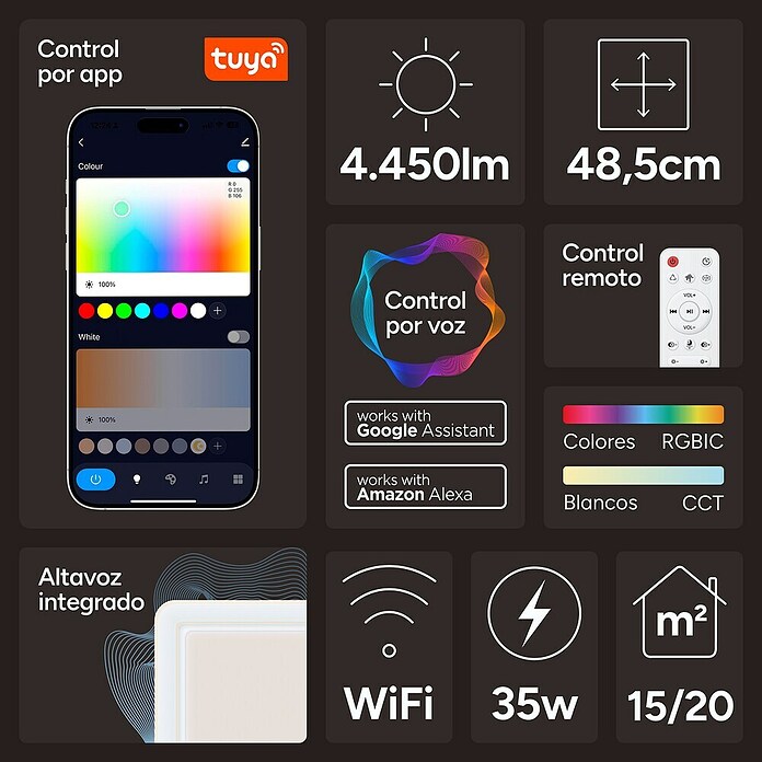 Ksix Plafón LED Smart Celeste (35 W, L x An x Al: 48,5 x 48,5 x 9 cm, Blanco, RGB) | BAUHAUS