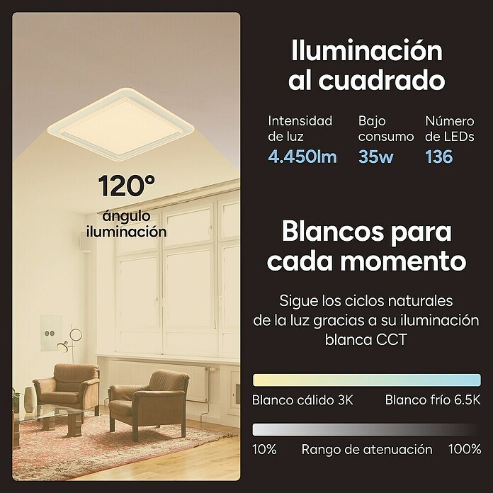 Ksix Plafón LED Smart Celeste (35 W, L x An x Al: 48,5 x 48,5 x 9 cm, Blanco, RGB) | BAUHAUS