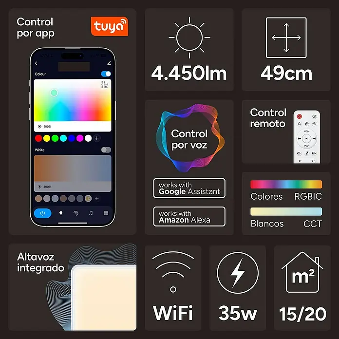 Ksix Plafón LED Smart Stellar Plus - 35 W, L x An x Al: 49 x 49 x 7,5 cm, Blanco, RGB - Lámpara inteligente con control de aplicación, control por voz, control remoto, colores RGBIC, blancos CCT, altavoz integrado y función Wi-Fi.