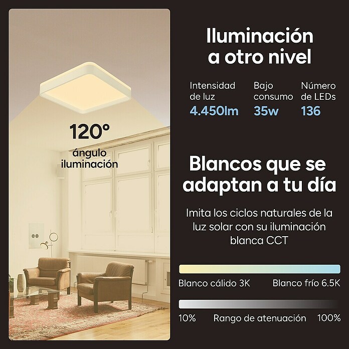 Ksix Plafón LED Smart Stellar Plus (35 W, L x An x Al: 49 x 49 x 7,5 cm, Blanco, RGB) | BAUHAUS