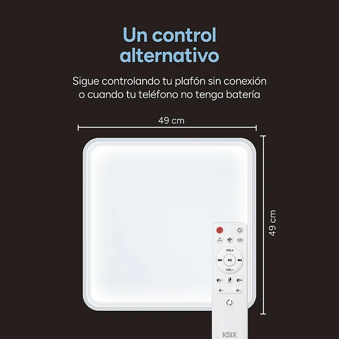 Ksix Plafón LED Smart Stellar Plus - 35 W, L x An x Al: 49 x 49 x 7,5 cm, Blanco, RGB - La imagen muestra una luz de techo LED cuadrada con un control remoto, que ofrece una opción de control alternativa.