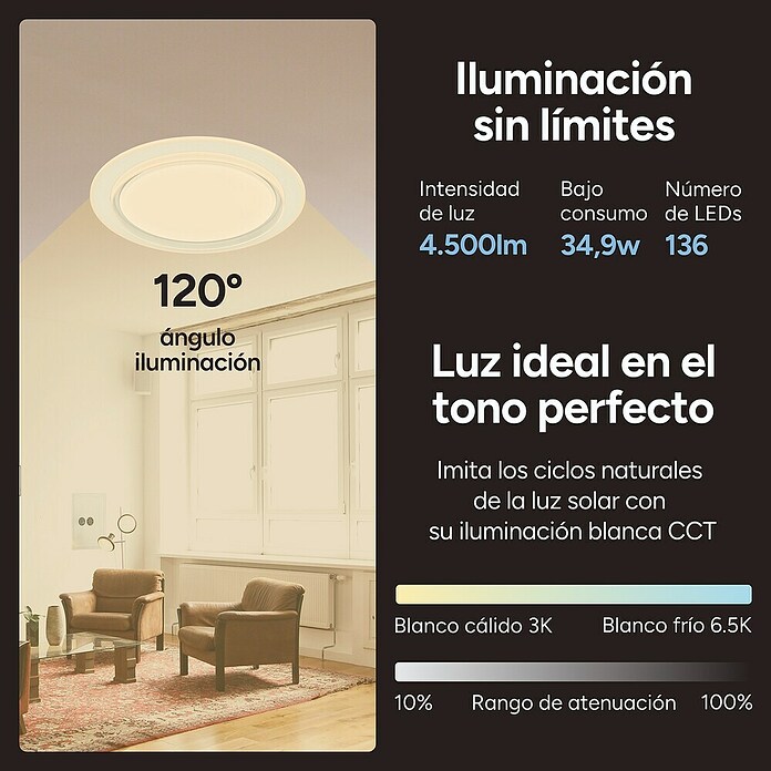 Ksix Plafón LED redondo inteligente Sfera (35 W, Ø x Al: 49 x 8 cm, Blanco, RGB) | BAUHAUS