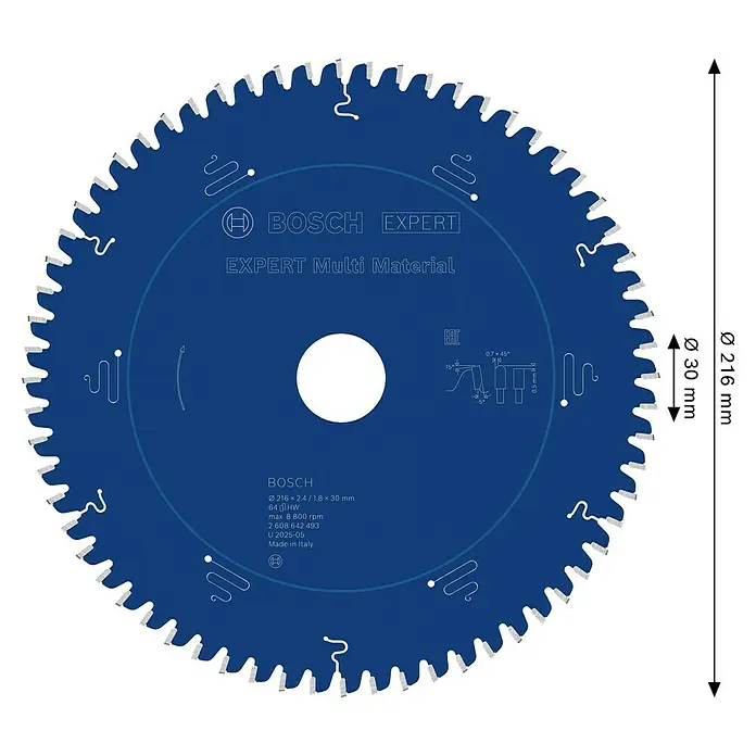 Bosch Expert Kreissägeblatt Expert Multi Material - 216 mm, Anzahl Zähne: 64 Stk., Schnittbreite: 2,4 mm - Abbildung eines blauen Bosch Expert Multi Material Sägeblatts mit 216 mm Durchmesser, ideal zum Schneiden verschiedener Materialien.