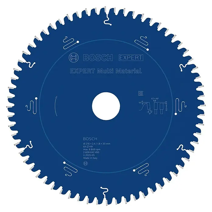 Bosch Expert Kreissägeblatt Expert Multi Material - 216 mm, Anzahl Zähne: 64 Stk., Schnittbreite: 2,4 mm - Das Bosch EXPERT Multi Material Sägeblatt mit Ø 216 mm ist ideal für präzise Schnitte in verschiedenen Materialien.