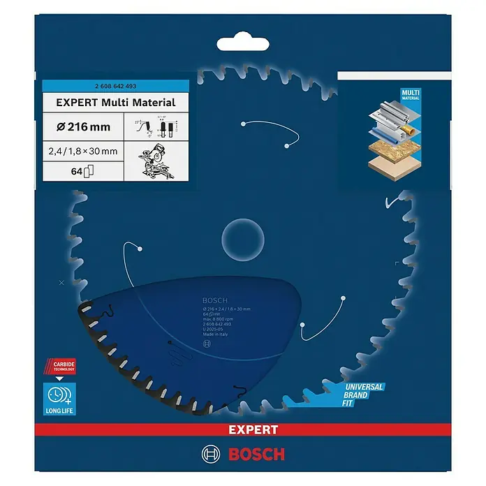Bosch Expert Kreissägeblatt Expert Multi Material - 216 mm, Anzahl Zähne: 64 Stk., Schnittbreite: 2,4 mm - Abgebildet ist ein Bosch EXPERT Multi Material Sägeblatt mit 216 mm Durchmesser, ideal für diverse Materialien.