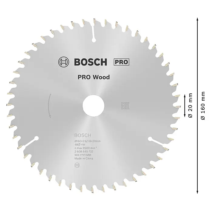 Bosch Kreissägeblatt PRO Wood - 160 mm, Bohrung: 20 mm, Anzahl Zähne: 48 Stk. - Abbildung eines Bosch Pro Wood Sägeblatts mit einem Durchmesser von 160 mm und einer Bohrung von 20 mm.