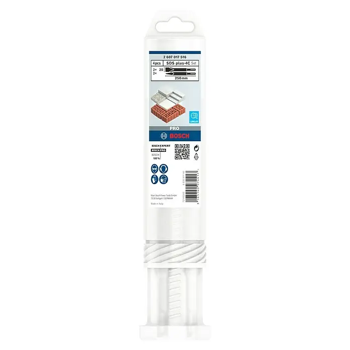 Bosch Meißel-Set Pro SDS Plus-4C - 250 mm, 4 -tlg. - Bild einer Bosch SDS plus-4C Set Packung mit Bohrern, ideal zum Bohren in verschiedenen Materialien mit langer Lebensdauer.