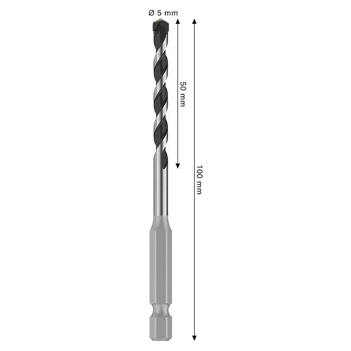 Bosch Broca para hormigón y mampostería HEX-5 - Diámetro de la broca: 5 mm, Longitud de trabajo: 50 mm, Largo: 100 mm - Imagen de una broca helicoidal con ranuras helicoidales, adecuada para taladrar diversos materiales.