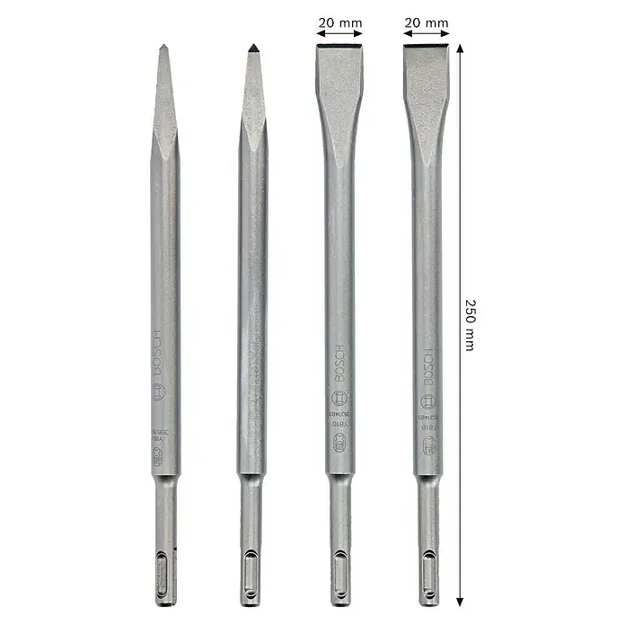 Bosch Meißel-Set Pro SDS Plus-4C - 250 mm, 4 -tlg. - Bosch-Meißelsatz für Bohrhammer: Spitz-, Flach- und Breitmeißel für vielseitige Abbrucharbeiten in Beton und Mauerwerk.