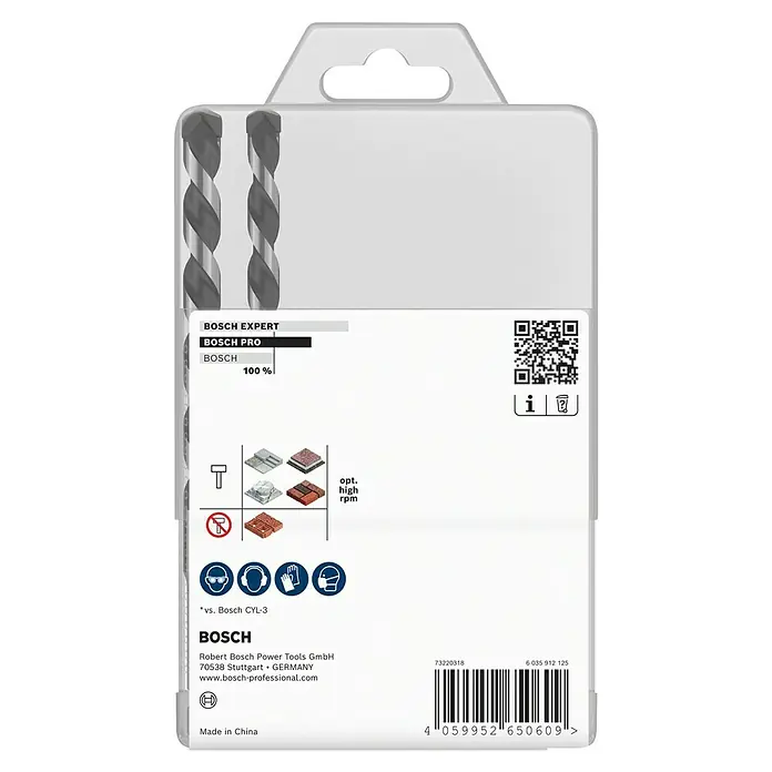 Bosch Bohrer-Set Pro HEX-5 - 7 -tlg. - Verpackung der Bosch EXPERT Bohrer, die professionelle Bohrer für vielseitige Anwendungen zeigen, inklusive QR-Code und Sicherheitshinweisen.