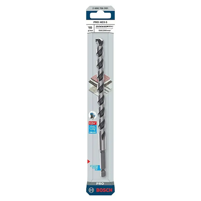 Bosch Broca para hormigón y mampostería HEX-5 - Diámetro de la broca: 10 mm, Longitud de trabajo: 150 mm, Largo: 200 mm - Imagen de una broca Bosch Pro HEX-5, tamaño 10 mm, longitud 150–200 mm, adecuada para taladrar, tiene una larga vida útil.