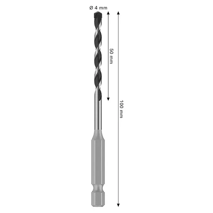 Bosch Broca para hormigón y mampostería HEX-5 - Diámetro de la broca: 4 mm, Longitud de trabajo: 50 mm, Largo: 100 mm - Broca helicoidal con vástago hexagonal. Ideal para taladrar con precisión y una sujeción segura en el portabrocas.