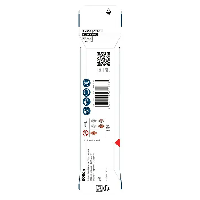 Bosch Broca para hormigón y mampostería HEX-5 - Diámetro de la broca: 5 mm, Longitud de trabajo: 50 mm, Largo: 100 mm - Imagen del empaque de un producto Bosch Expert Bosch Pro, que detalla las especificaciones de la herramienta e información del fabricante.