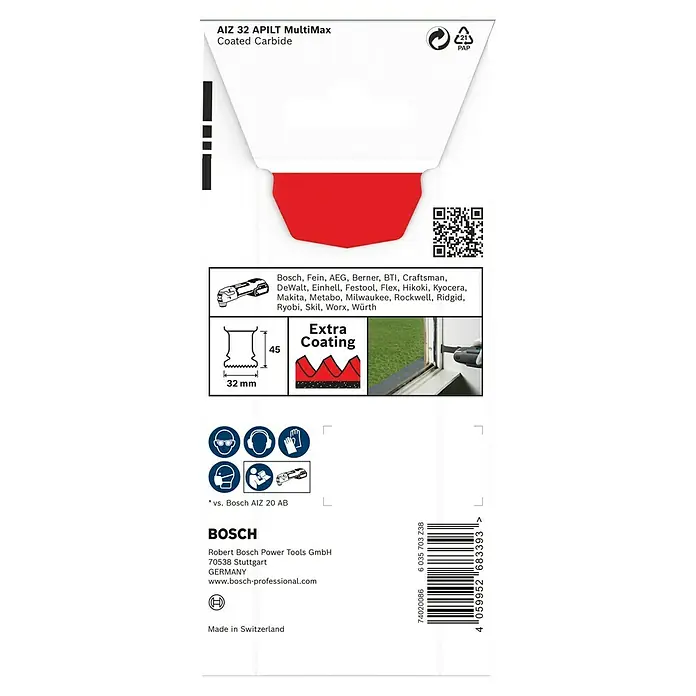 Bosch Expert Hoja de sierra de inmersión Multimax AIZ 32 APLIT - Ancho: 32 mm, Acero - Imagen de un embalaje de hoja de sierra AIZ 32 APILT MultiMax Carbide, dimensiones 45x32 mm, logotipos de instrucciones de seguridad y reciclaje.
