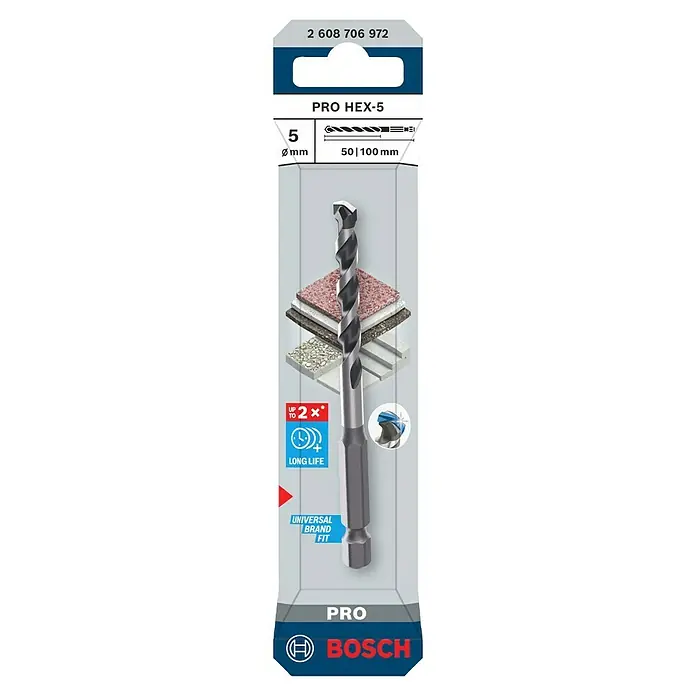 Bosch Broca para hormigón y mampostería HEX-5 - Diámetro de la broca: 5 mm, Longitud de trabajo: 50 mm, Largo: 100 mm - Primer plano de la broca Bosch Pro HEX-5, diámetro de 5 mm, para taladros universales, que ofrece hasta 2 veces más vida útil.