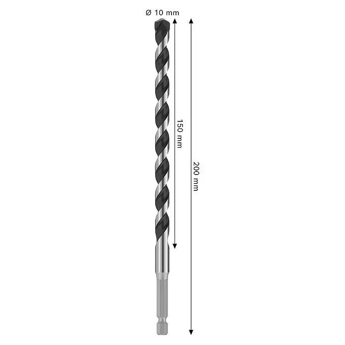 Bosch Broca para hormigón y mampostería HEX-5 - Diámetro de la broca: 10 mm, Longitud de trabajo: 150 mm, Largo: 200 mm - Vista de una broca metálica con un borde de corte en espiral y un mango hexagonal para un agarre seguro en el mandril.