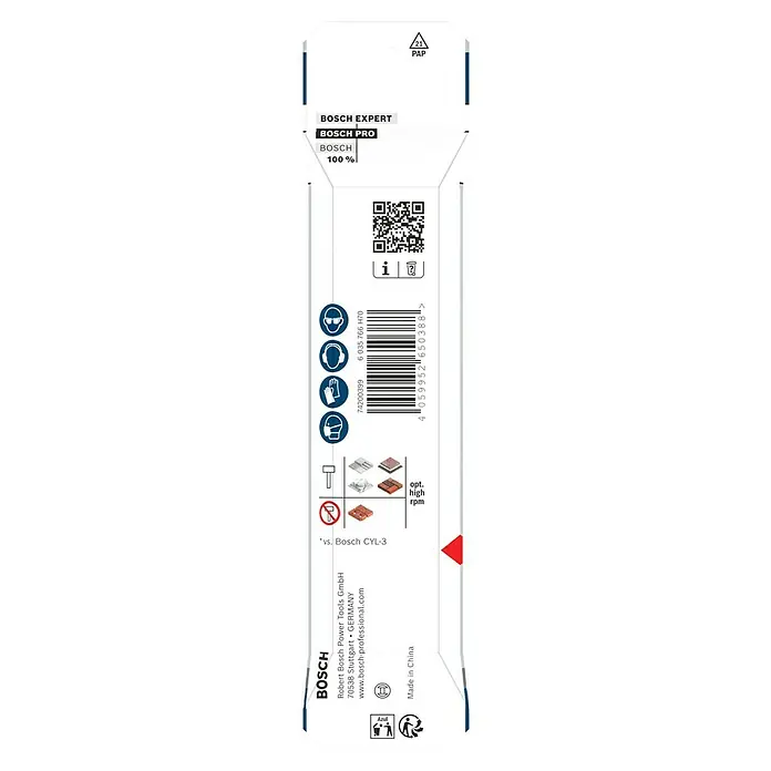 Bosch Broca para hormigón y mampostería HEX-5 - Diámetro de la broca: 7 mm, Longitud de trabajo: 50 mm, Largo: 100 mm - Embalaje de una broca Bosch Expert Bosch Pro con información sobre instrucciones de seguridad, aplicación y fabricante.
