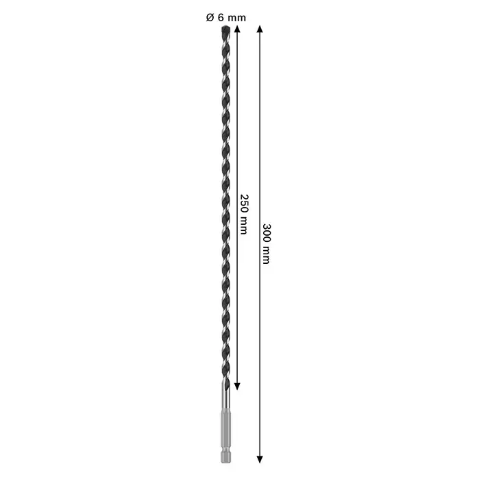 Bosch Beton- & Steinbohrer Pro HEX-5 - Durchmesser Bohrer: 6 mm, Arbeitslänge: 250 mm, Länge: 300 mm - Ein langer Holzbohrer mit einem Durchmesser von 6 mm, der sowohl 250 mm als auch 300 mm lang ist, für tiefe und präzise Bohrungen.